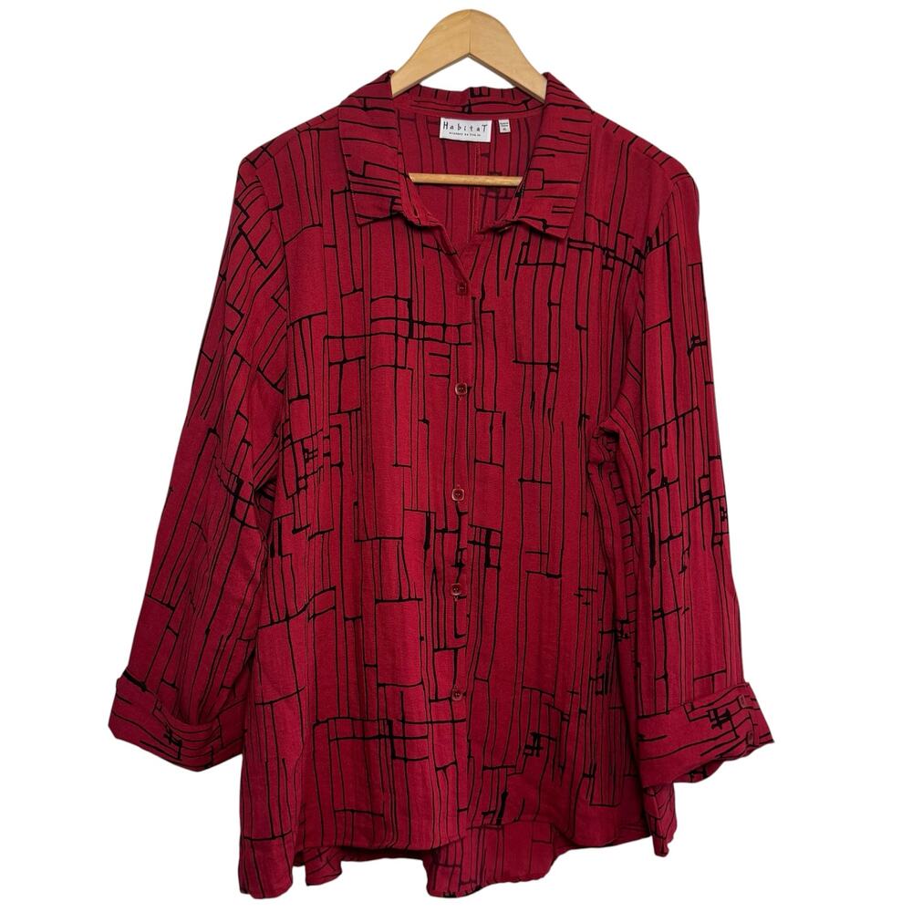 Habitat Size XL Red and Black Lagenlook Wide Cuff Button Up Blouse